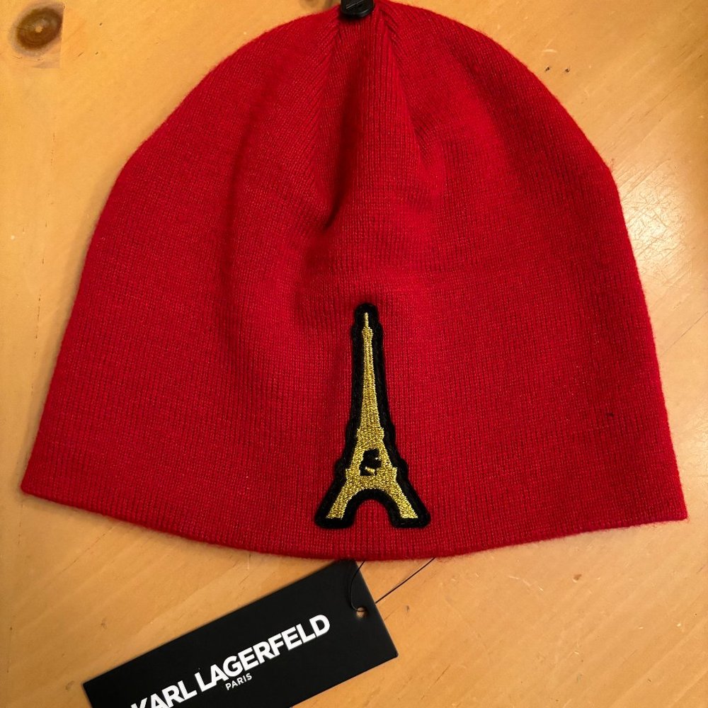 Red Karl Lagerfeld beanie with Eiffel Tower